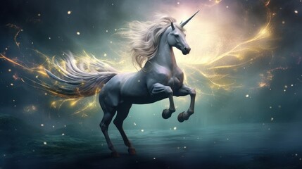  a white unicorn standing on its hind legs in front of a sky filled with stars and a lightening star. - obrazy, fototapety, plakaty