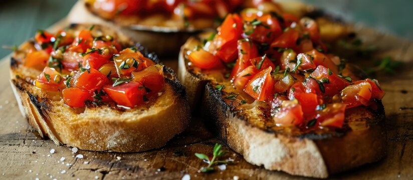Delicious Pan con tomate - grilled bread topped with tomato, salt, and olive oil. Traditional Catalan wine tapas.