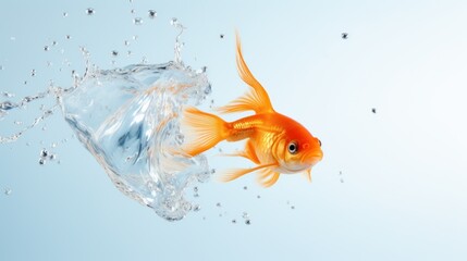  a goldfish in an aquarium with a plastic bag in it's mouth and bubbles coming out of it.