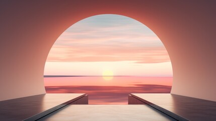  a view of a sunset through an arch in a room with a view of a body of water in the distance.