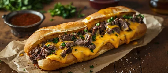 Poster Snack Cheese steak sandwich on paper