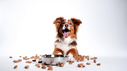 cute happy dog enjoys dry food, cheerful dog