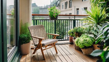 balcony with flowers and plants - obrazy, fototapety, plakaty