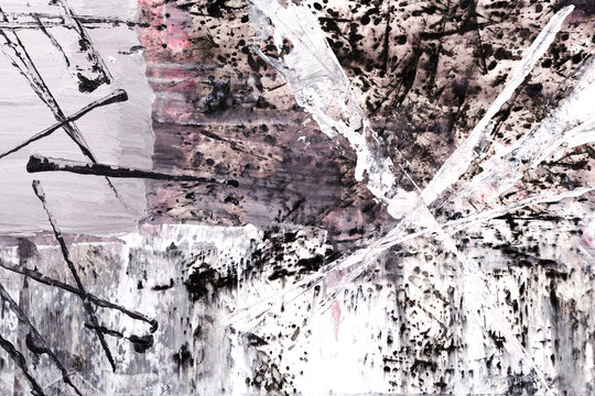 Black and white abstract background, art collage. Chaotic brush strokes and paint stains on paper