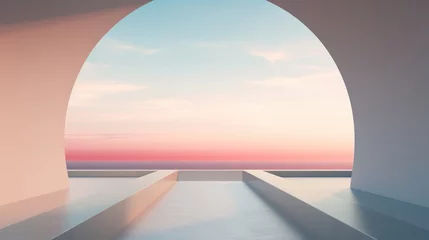 Foto op Canvas  a view of the ocean through an arch in a building with a sky in the background and a pink and blue sky in the background. © Olga