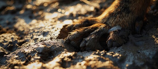 Obraz premium Detailed close-up of a fox's footprint in dried mud, showcasing fur and paws in gray clay under sunlight and shade.