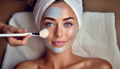 Woman receiving a Facial Clay Mask in Wellness Resort or Spa - Relaxation and Skin Care done by...