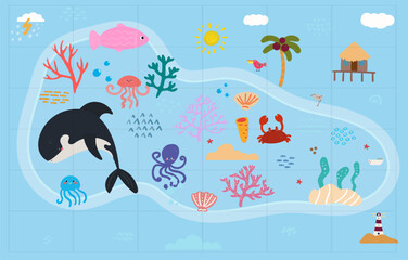 sea tropic map with animals simple cartoon flat vector illustration - obrazy, fototapety, plakaty
