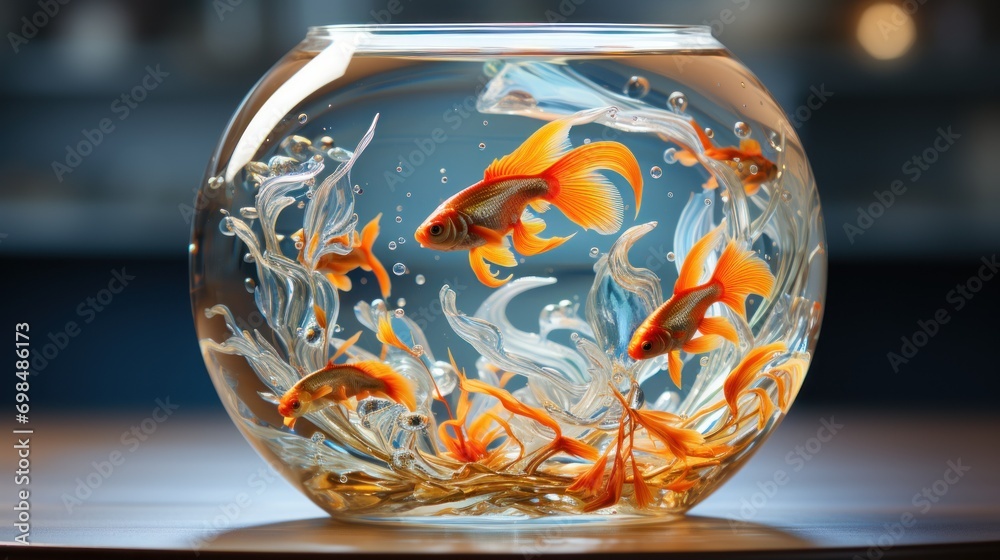 Wall mural  a fish bowl filled with goldfish sitting on top of a wooden table in front of a blurry background.