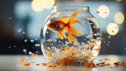 Fotobehang  a goldfish in a bowl of water with bubbles on the bottom of the bowl and bubbles on the bottom of the bowl. © Olga