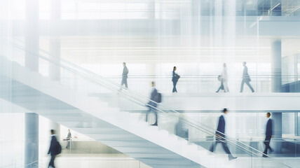 group of silhouettes of people blurred in motion on a white background of a business center, a corporate light background, a modern abstract interior of an office hall with a ladder