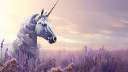 Obraz na płótnie Canvas a white unicorn with a long horn standing in a field of purple flowers with a pink sky in the background.