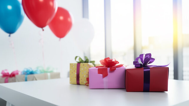 gift boxes and balloons decoration, on a light background of an office desk, corporate gifts for a holiday