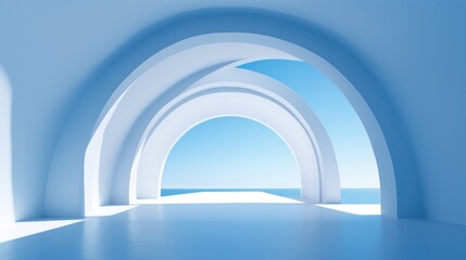 a blue and white room with arches and a view of the ocean from the inside of the room with the light at the end of the tunnel.