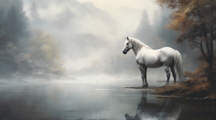  a white horse standing in the middle of a forest next to a body of water on a foggy day.