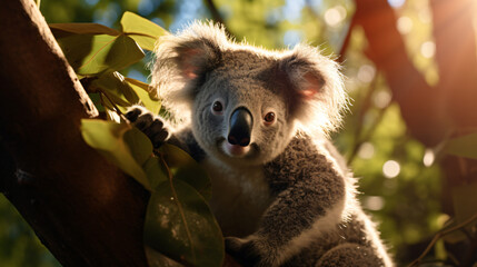 A koala clings to a tree branch