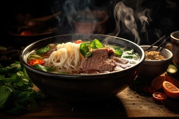 Pho Bo soup with meat and noodles - obrazy, fototapety, plakaty