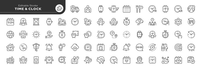 Set of line icons in linear style. Set - Time,clock, timer and calendar. Outline icon collection. Conceptual pictogram and infographic. - obrazy, fototapety, plakaty
