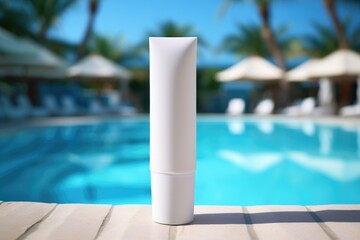 Fototapeta premium A mock-up of a tube of sunscreen stands near the pool with sun loungers