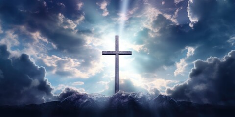Picture of the holy cross symbolizing death and resurrection of Jesus Christ over sky - obrazy, fototapety, plakaty