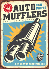 Auto mufflers vintage metal sign idea. Car parts service and repair retro 1950s poster concept. Auto industry and transportation vector illustration.
