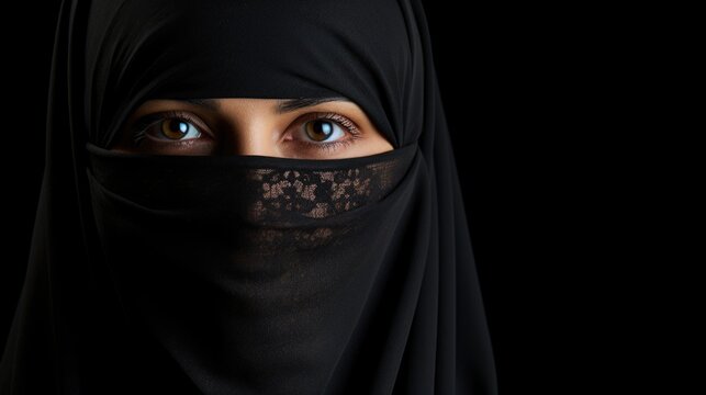 Portrait of woman muslim with niqab in black background with copy space