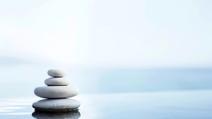 a serene scene of a stack of smooth, rounded stones balanced beside calm waters under a soft, diffused light. Concept of relaxation and tranquility.