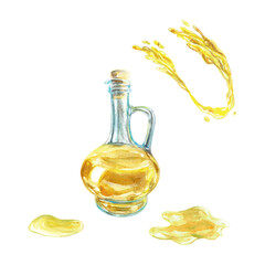 Oil bottle, splashes, drops. Vector illustration in watercolor style. Food packaging, labels, cosmetic products, leaflets, banners, presentations.