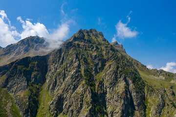 The green countryside in the mountains , Europe, France, Occitanie, Hautes-Pyrenees, in summer on a sunny day.