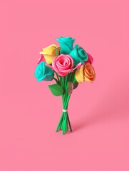 multicolored roses bouquet, cute plastic icon on bright pink background color, 3d isometric style