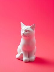 white cat figurine, cute plastic icon on bright pink background color, 3d isometric style