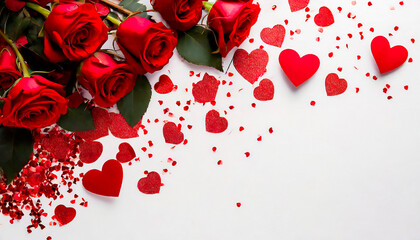 Banner San Valentino con rose e cuori rossi grandi e piccoli in basso a sinistra del fotogramma su sfondo bianco 