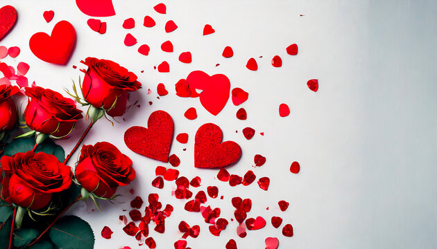 Banner San Valentino con rose e cuori rossi grandi e piccoli in basso a sinistra del fotogramma su sfondo bianco 