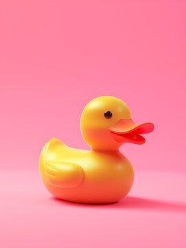 yellow rubber duck, cute plastic icon on bright pink background color, 3d isometric style