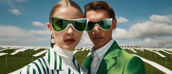 A man and woman in green suits and sunglasses. Generative AI.