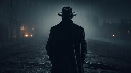 a man in the night fog view from the back autumn landscape with rain, black coat and hat silhouette of a mafia gloomy bandit - obrazy, fototapety, plakaty