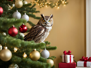 An owl on a christmas tree in a living room. - Generative AI