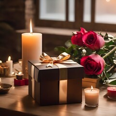 Gift box with roses and candles on wooden table, on light background. created by generative AI technology.
