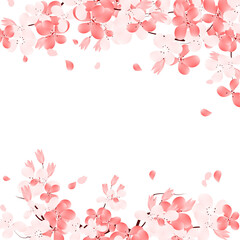 Sakura Bloom Frame. Cherry Blossom Falling Petals Background. Pink Flowers Border Illustration Clipart.