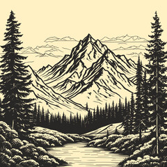 vector illustration of mountains design hand drawn pine tree and mountains design