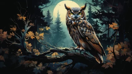 Photo sur Plexiglas Dessins animés de hibou  a painting of an owl sitting on a tree branch in a forest with a full moon in the sky behind it.