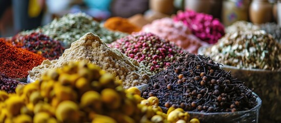 Assorted spices and herbs sold at Arab market in Dubai, UAE.