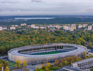 Aerial view of newly in 2022 reconstructed Kaunas Darius and Girenas football stadium, largest in Lithuania. Aerial view photo of a multi-use stadium - obrazy, fototapety, plakaty