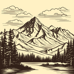vector illustration of mountains design hand drawn pine tree and mountains design