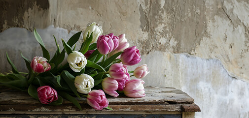 tiges de tulipe posées sur un meuble ancien avec peinture écaillée