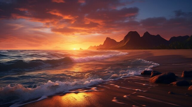 Render a breathtaking 8K image of a stunning beach sunset, featuring an endless horizon, 