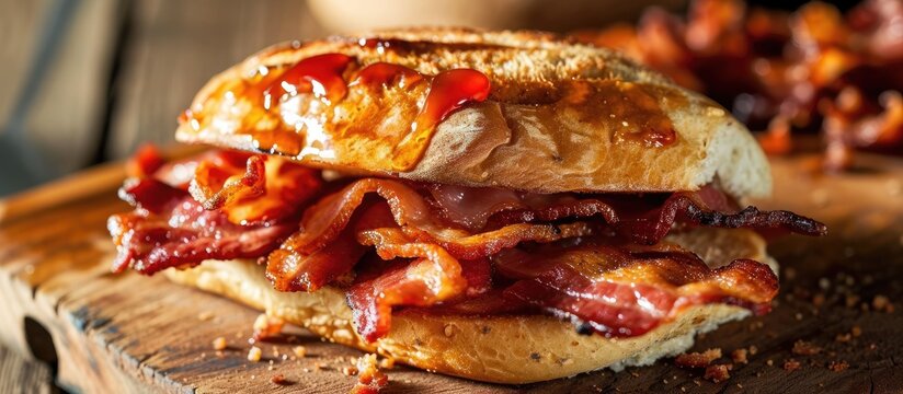 Bacon roll or sandwich with juice on a soft bun.