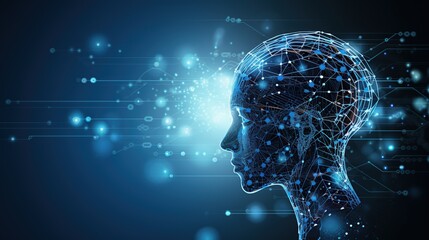 abstract head graph of a person's head with graphs and wires in the background. technology human AI system concept Wireframe. computer science, artificial intelligence, and communications