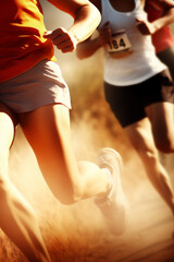Fototapeta premium Compétition de course à pied - zoom sur les jambes des athlètes - illustration de fond d'affiche de marathon, de running et de trail - style peinture numérique - Generative Ai