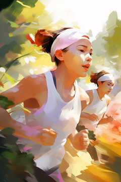 Compétition de course à pied sur un chemin de campagne - illustration de fond d'affiche de marathon, de running et de trail - style peinture numérique - Generative Ai
